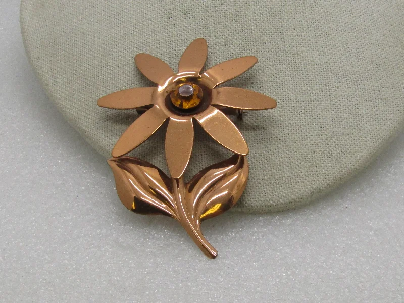 Vintage Copper Floral Brooch, Gold Rhinestone Center, 3.5" tall, 1940's-1950's