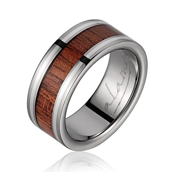 GENUINE HAWAIIAN KOA WOOD WEDDING BAND RING TITANIUM STERLING SILVER BORDER 8MM