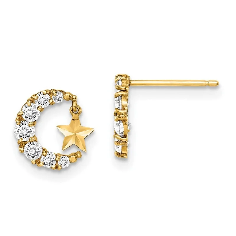 Curata 14k Yellow Gold CZ Cubic Zirconia Moon and Star Dangle Post Earrings