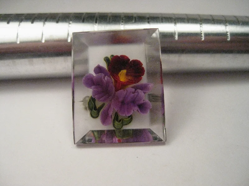 Vintage Lucite Reverse Carved and Painted Orchid Brooch, Reverse Beveled Rectangular Shape