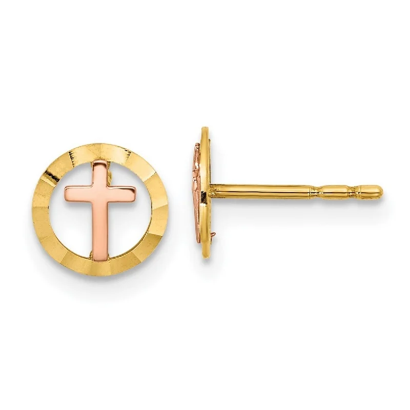 Curata 14k Two tone Gold 7mm Textured Circle With Cross Post Earrings