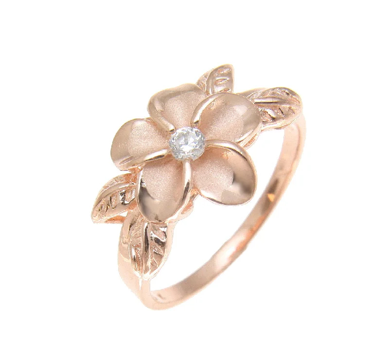 PINK ROSE SILVER 925 HAWAIIAN FANCY PLUMERIA FLOWER MAILE LEAF RING SIZE 3-10