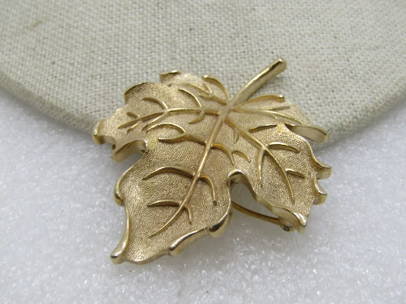 Vintage Crown Trifari Leaf Brooch, Gold Tone, Textured & Shiny, 1960's-1970's, 2.25"