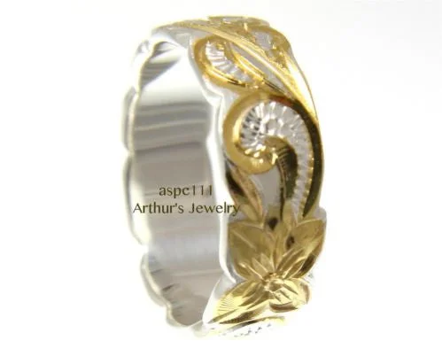 6MM SILVER 925 HAWAIIAN RING QUEEN SCROLL YELLOW GOLD PLATED 2 TONE SIZE 3 - 14