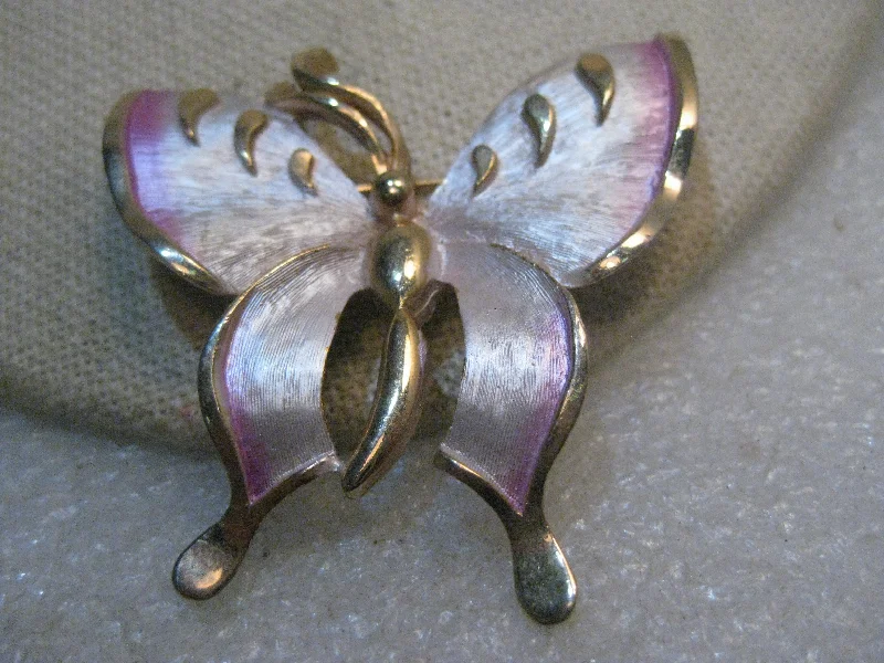 Vintage Two Tone Butterfly Brooch, Pink Enameling, 2", 1960's