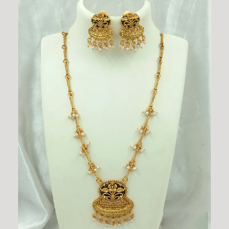 Joyful Jewel Art Matte Gold Plated Pearls Long Necklace Set