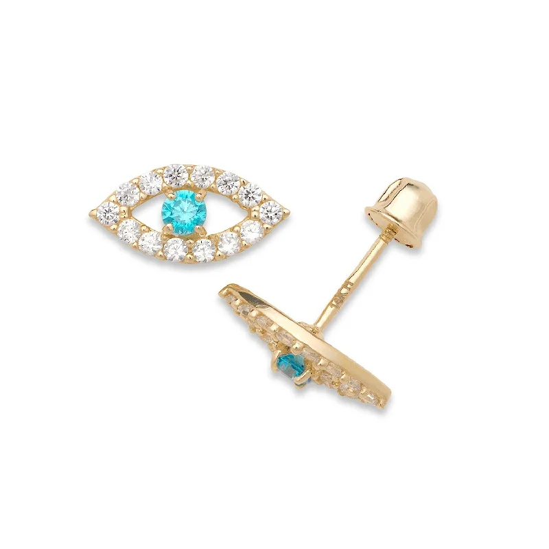 Curata 14k Yellow Gold 10x5mm Clear or Blue Cubic Zirconia Evil Eye Screw Back Earrings - 10mmx5mm