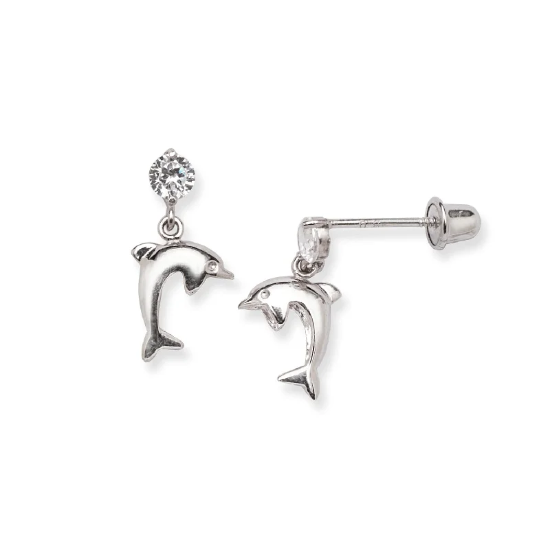 Curata 14k Gold Cubic Zirconia Drop Dolphin Screw Back Earrings