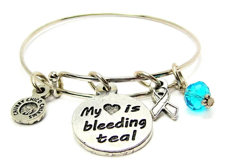 My Heart is Bleeding Teal with Awareness Ribbon Bangle Bracelet