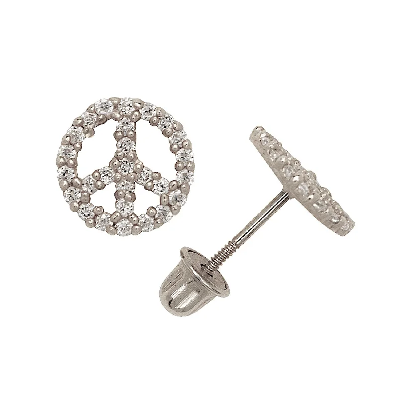 Curata Solid 14k Gold Round Cubic Zirconia Beaded Peace Sign Screw Back Stud Earrings