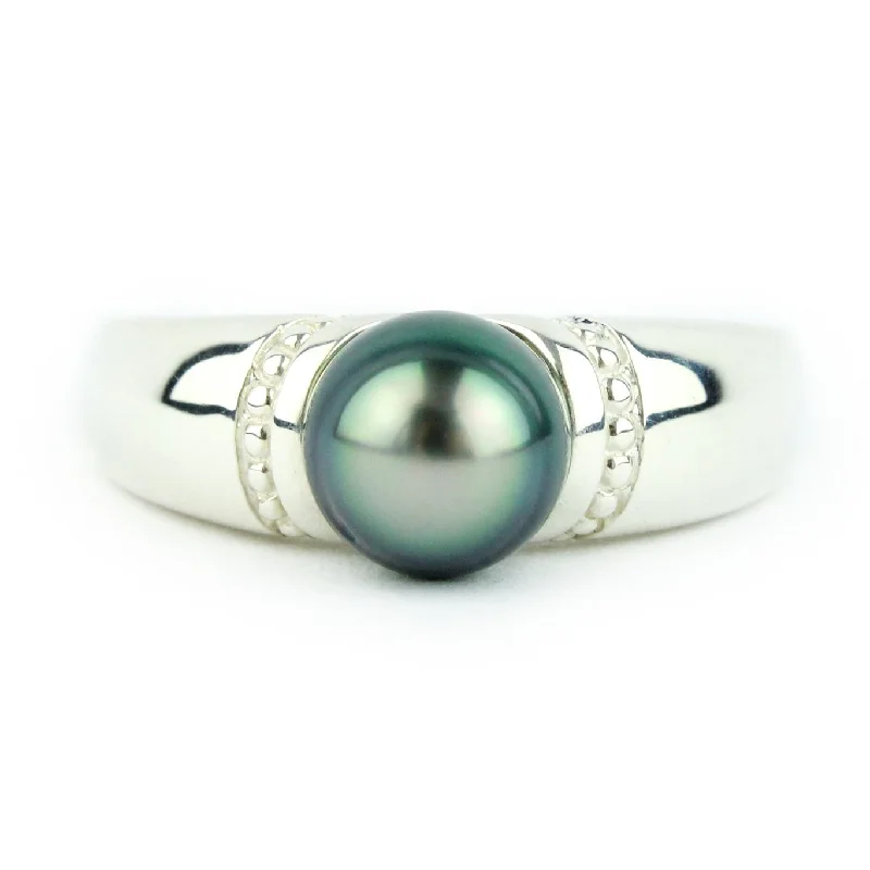 Bright Blue-Green 8mm Tahitian Pearl Ring (Unisex - Sterling silver)