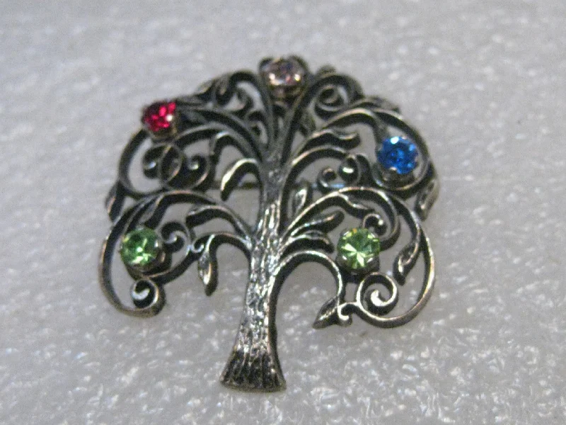 Vintage Sterling Tree of Life Brooch, Faux Gemstones, signed Anson, 1.25", 4.89 gr.