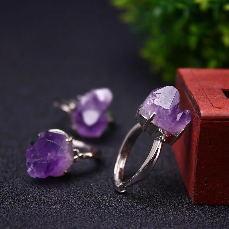 Natural Purple Amethyst Crystal Ring