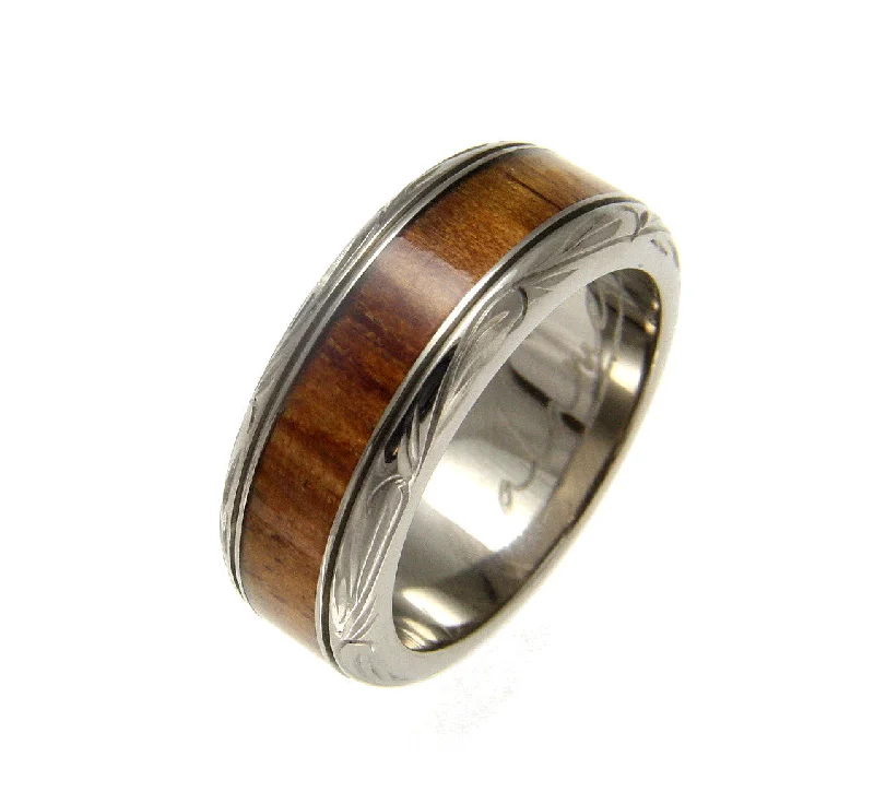 GENUINE INLAY HAWAIIAN KOA WOOD WEDDING BAND RING TITANIUM SCROLL 8MM SIZE 4-14