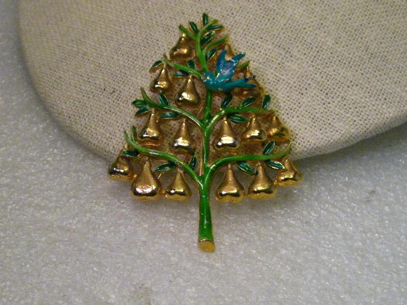 Vintage Gold Tone Enameled Partridge in a Pear Tree Enameled Brooch, signed Cadoro, Mid-Century