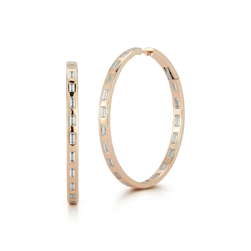 OTTOLINE 18K GOLD AND DIAMOND BAGUETTE 1.5" ROUND HOOP EARRING