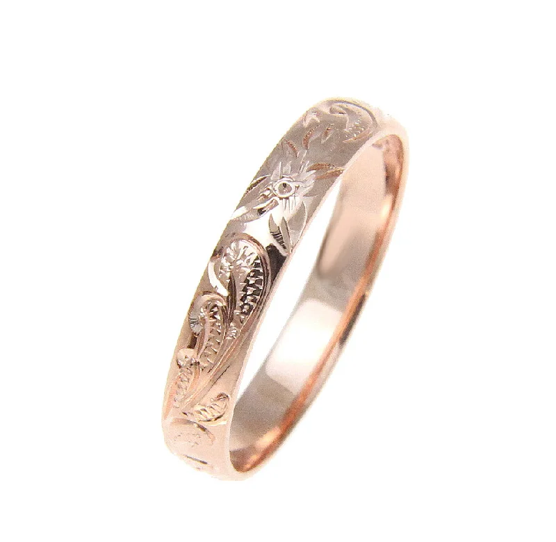 925 Sterling Silver Pink Rose Gold 4mm Hawaiian Scroll Hand Engraved Ring Band