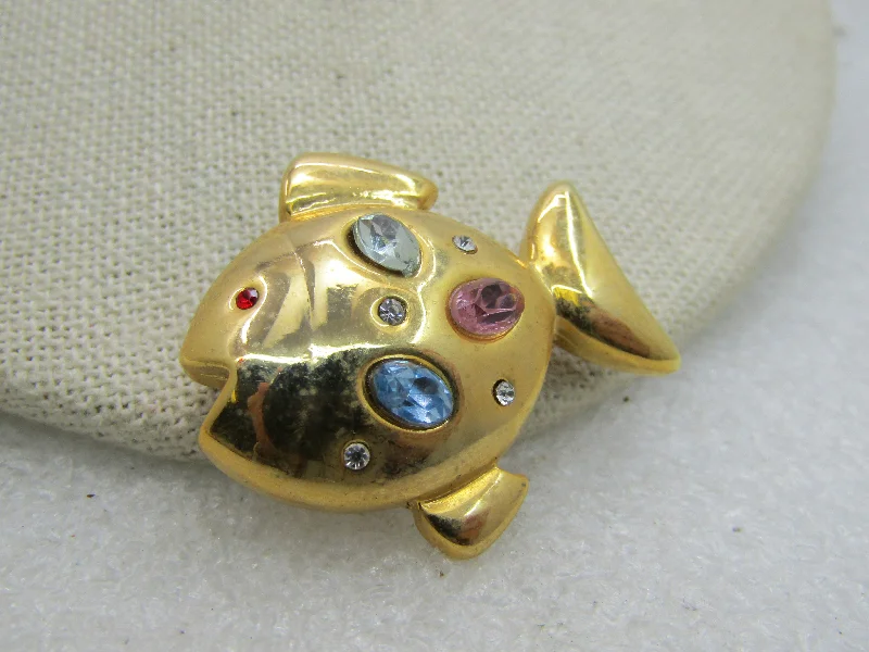 Vintage Pastel Rhinestone Fish Brooch, Gold Tone, 1-3/8"