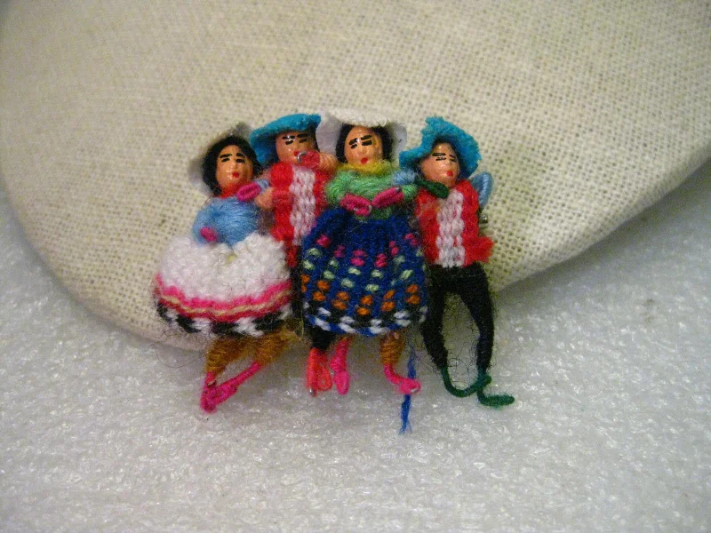 Vintage Hand Made Ethic Wool Woven &  Wrapped Doll Brooch, 2 Men, 2 Women, 1.5"