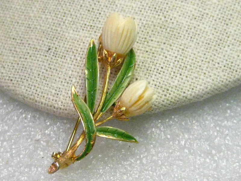 Vintage Gold Tone Carved Tulip Floral Brooch, Enameled Leaves, Signed JJ