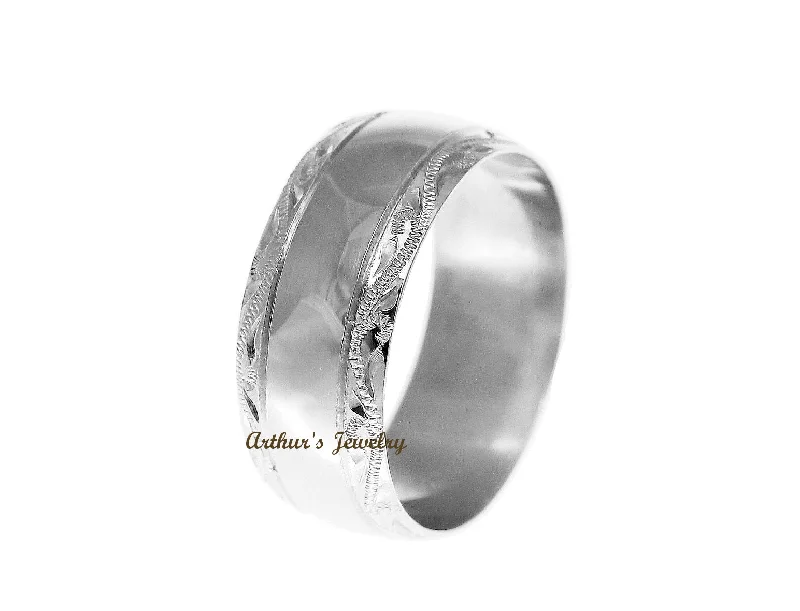 SOLID 14K WHITE GOLD HIGH POLISH CUSTOM HAND ENGRAVED HAWAIIAN SCROLL RING 8MM