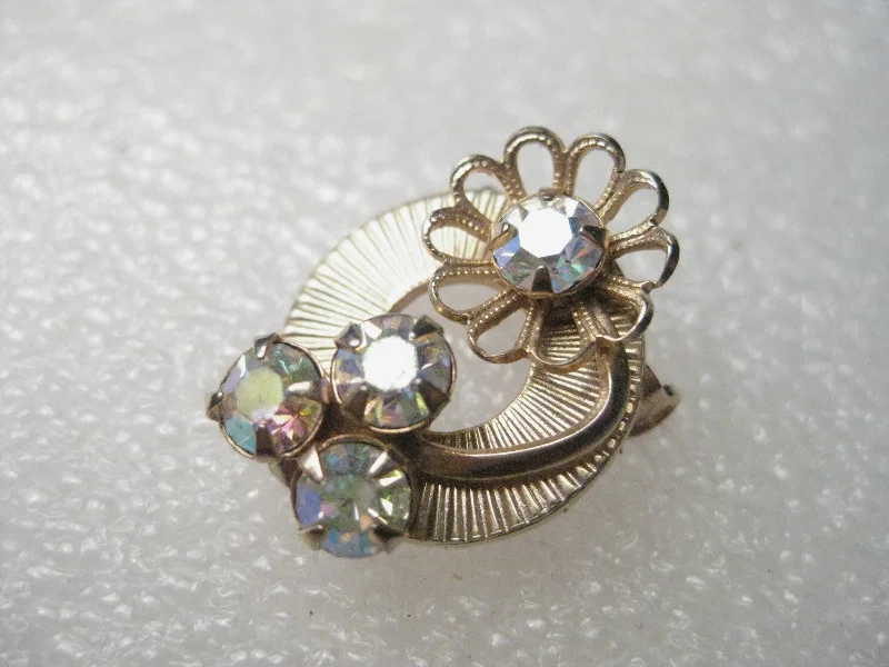 Vintage Gold Tone 1940's Art Deco Circle Pin, A.B. Rhinestone Accents, Petite