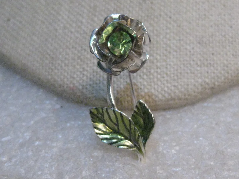 Vintage Avon Rhinestone Rose Brooch, Enameled Leaves, signed Avon SH, Silver Tone