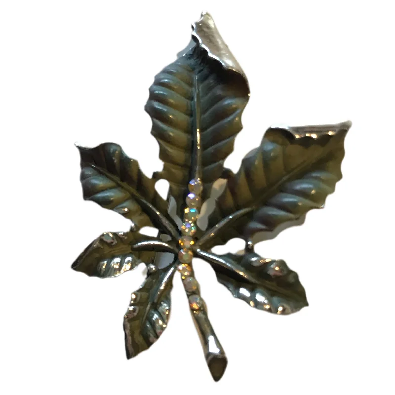 Enameled Green Leaf Brooch with Rhinestones circa 1940s