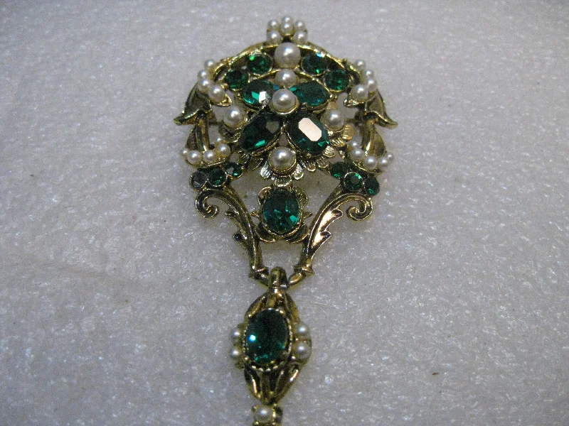 Vintage Faux Emerald/Pearl Brooch, Drop/Dangle, 3-1/8" long, Gold Tone