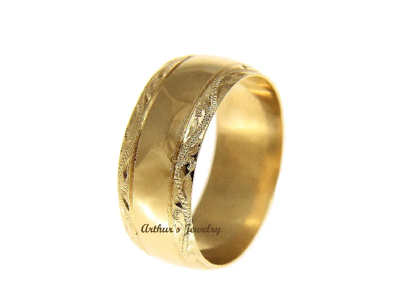 SOLID 14K YELLOW GOLD HIGH POLISH CUSTOM HAND ENGRAVED HAWAIIAN SCROLL RING 8MM