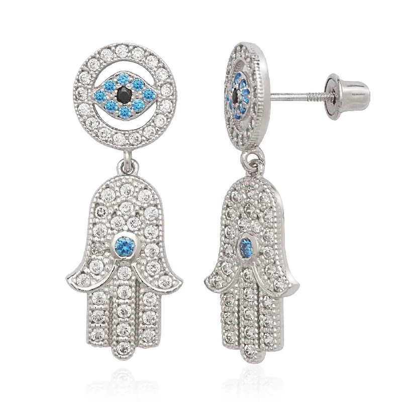 Curata 14K Gold Blue Cubic Zirconia Hamsa Evil Eye Drop Screw Back Earrings