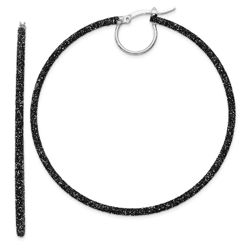 Curata 925 Sterling Silver 60x2mm Black Glitter Hoop Earrings