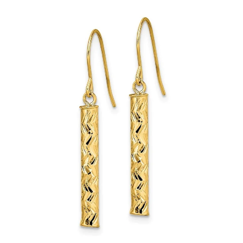 Curata 14k Yellow Gold 33.5x3.15mm Textured Bar Drop Hook Earrings