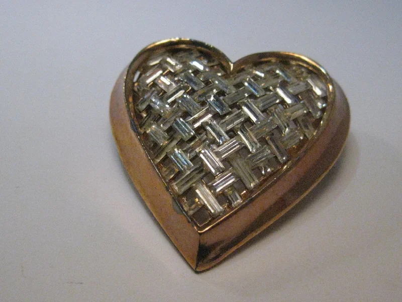 Vintage Gold Tone Heart Brooch with Basketweave of  Rhinestone Baguettes, 1.75"