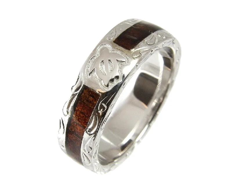 GENUINE HAWAIIAN KOA WOOD ETERNITY WEDDING BAND RING HONU TURTLE 925 SILVER 6MM