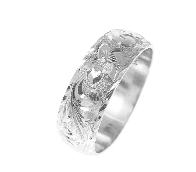 14K WHITE GOLD HAND ENGRAVED HAWAIIAN PLUMERIA SCROLL RING DIAMOND CUT EDGE 8MM