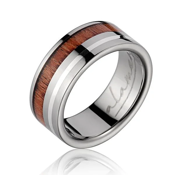 GENUINE HAWAIIAN KOA WOOD WEDDING BAND RING TITANIUM STERLING SILVER BORDER 8MM