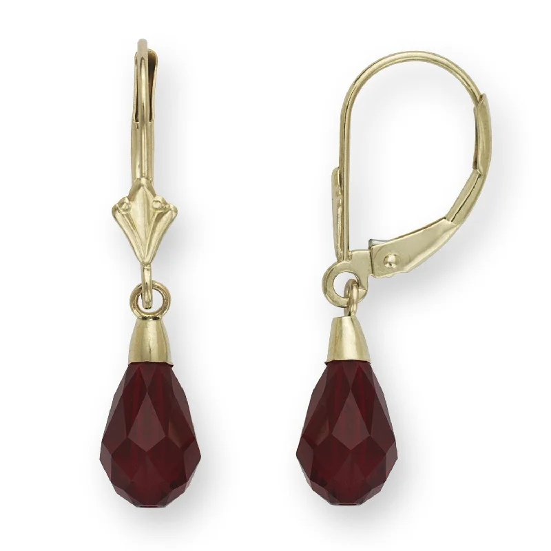 Curata 14k Gold Dark Red Briolette Crystal Lever Back Earrings