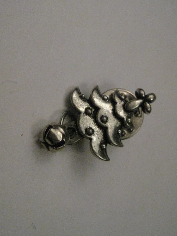 Vintage Silver Tone Christmas Tree Tack Pin with Dangling Jingle Bell, Signed BSD