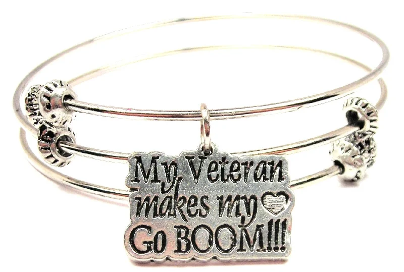 My Veteran Makes My Heart Go Boom Triple Style Expandable Bangle Bracelet