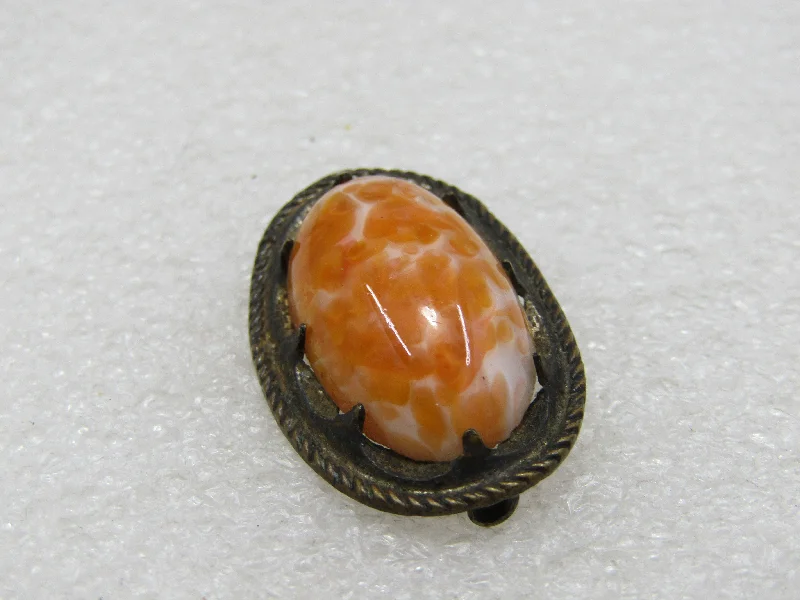 Vintage Orange & White Czech Glass Brooch, 1930's, C-Clasp, 1.25" by 3/4" oval