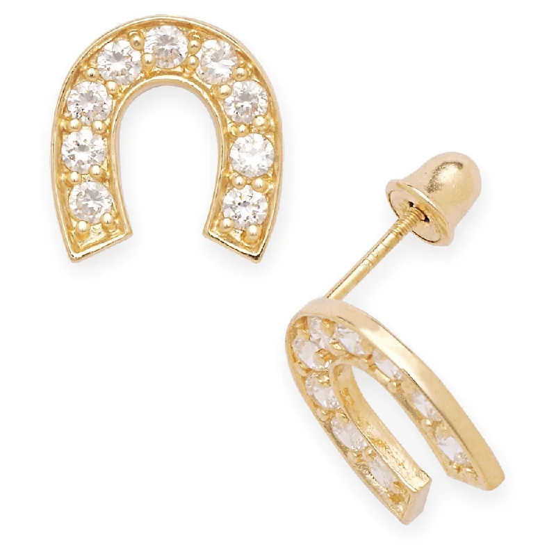 Curata 14k Gold Cubic Zirconia Lucky Horseshoe Screw Back Earrings