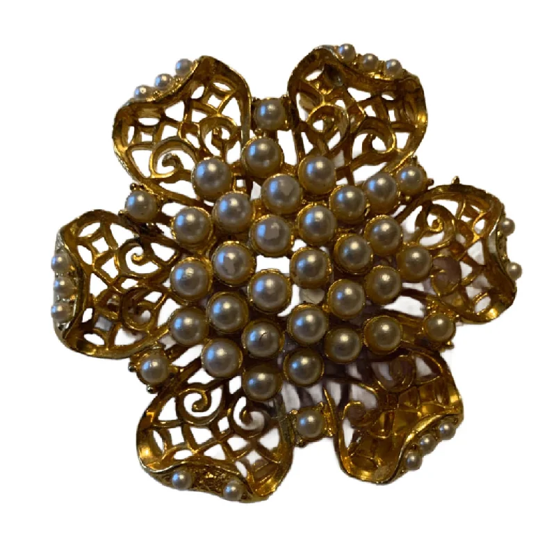 Golden Flower Brooch with Faux Pearls circa 1960s