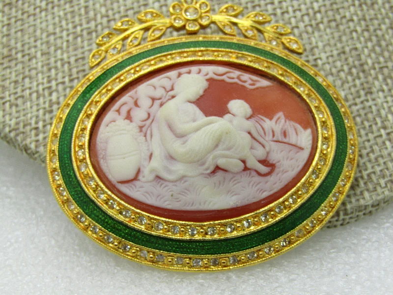 Vintage Joan Rivers Vintage Joan Rivers Enameled Rhinestone Framed Cameo Brooch, Floral Swag