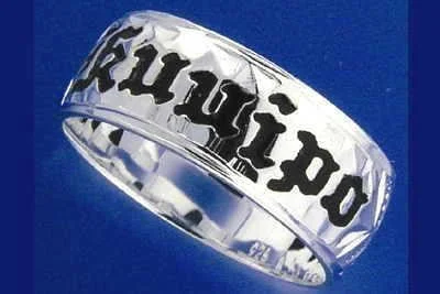 8MM SILVER 925 HAWAIIAN RING BLACK ENAMEL KUUIPO SCROLL SMOOTH EDGE SIZE 3 - 14