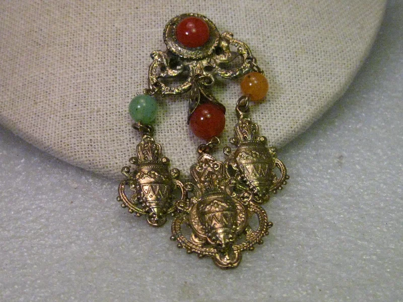 Vintage Retro Roman Style Brooch with Dangling Urn Charms and Beads, 3.75" - Gold tone