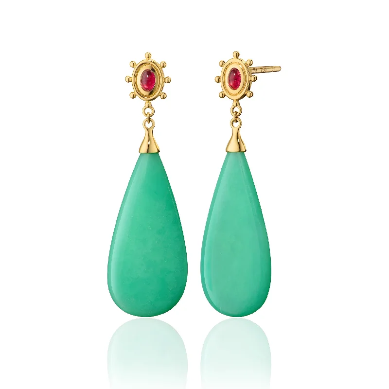 Special Edition “Spiral Galaxy” Chrysoprase Drop Earrings with Pink Tourmaline