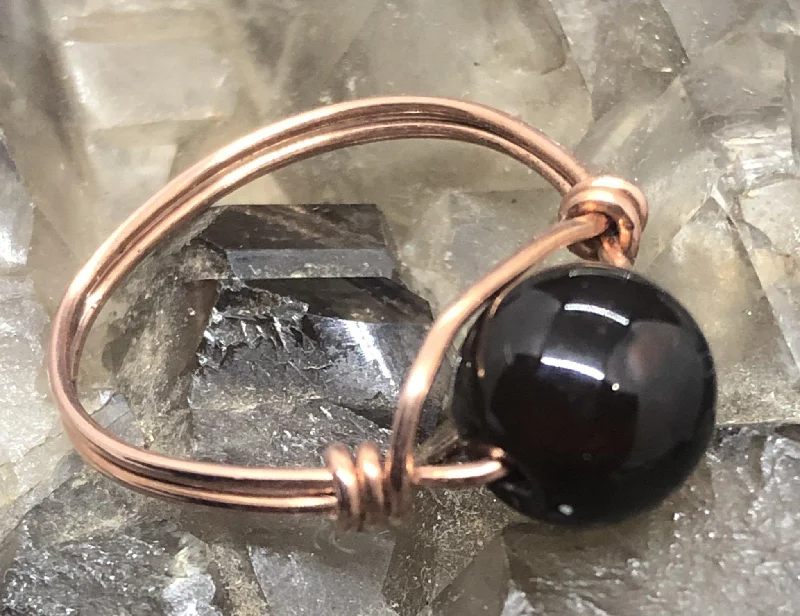 Brown Black Agate Copper Bead Ring