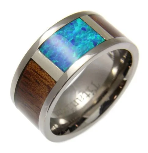 GENUINE HAWAIIAN KOA WOOD INLAY OPAL BAND RING TITANIUM COMFORT FIT 10MM