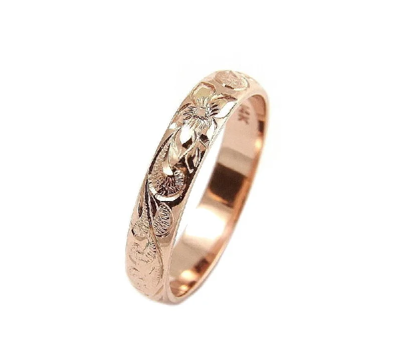 14K ROSE GOLD CUSTOM HAND ENGRAVED HAWAIIAN QUEEN PLUMERIA SCROLL BAND RING 4MM